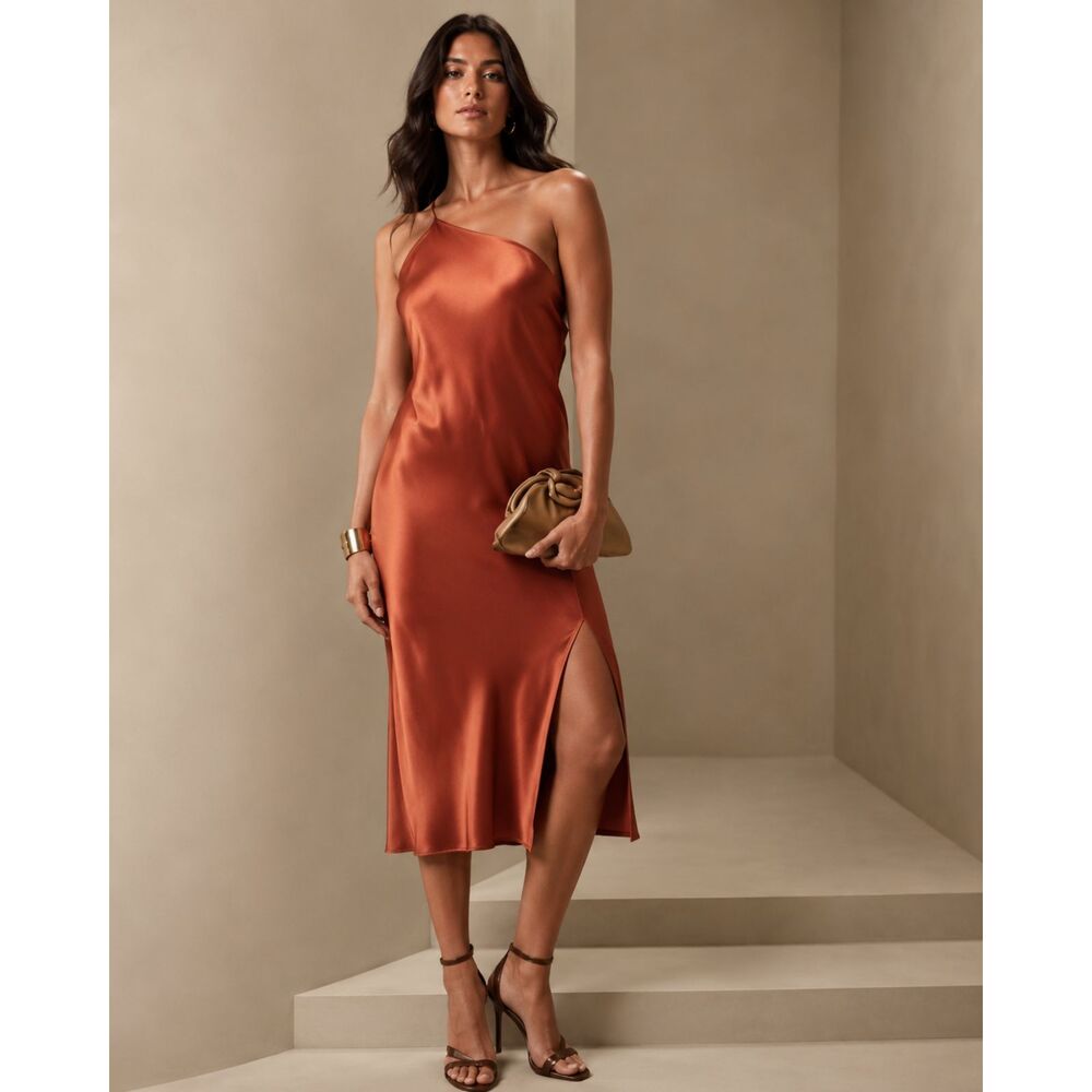 Banana Republic 100% Silk One Shoulder Slip Maxi Dress Copper Satin L Tall